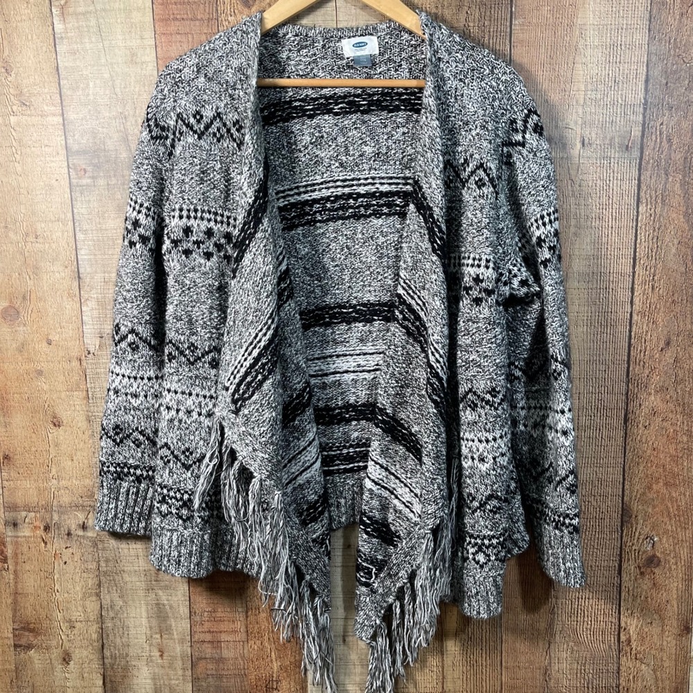 Old Navy XXL Marled Fair Isle Waterfall Cardigan Fringe Open Front Sweater